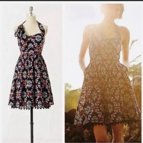 Anthropologie Edme & Esyllte Primula Black Multi Halter Retro Dress Pockets 6 - Picture 1 of 5